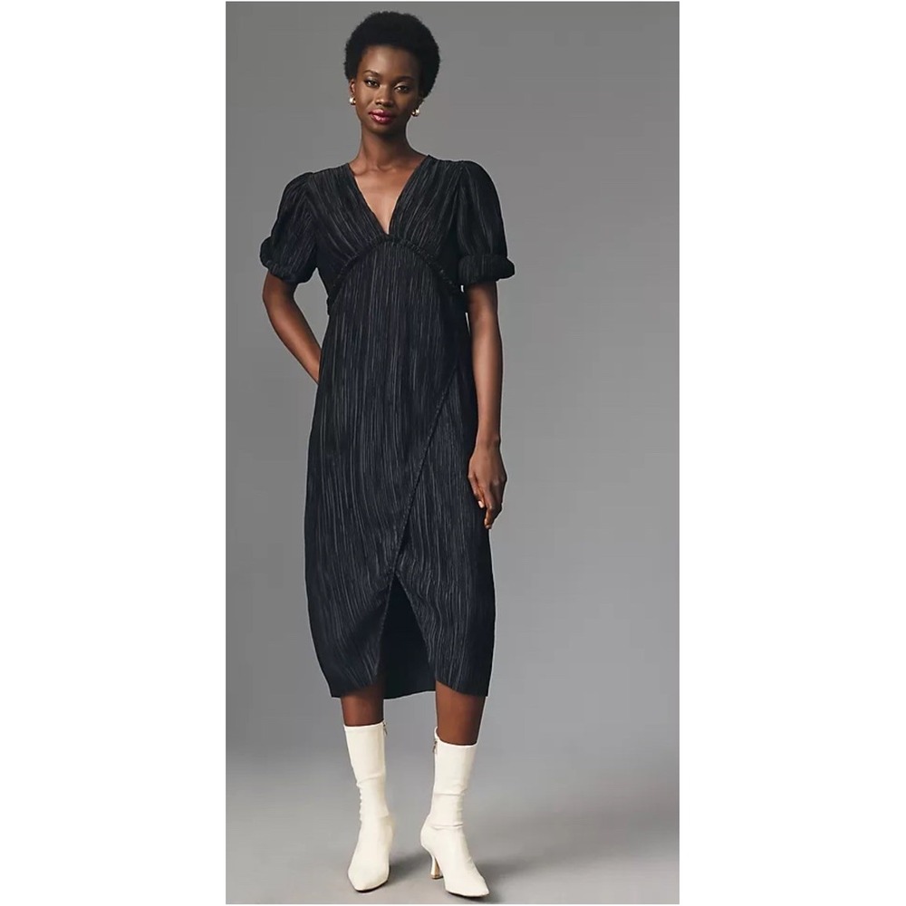 Anthropologie V-Neck‎ Pleated crinkle Midi Dress Size S Witchy Goth puff sleeve